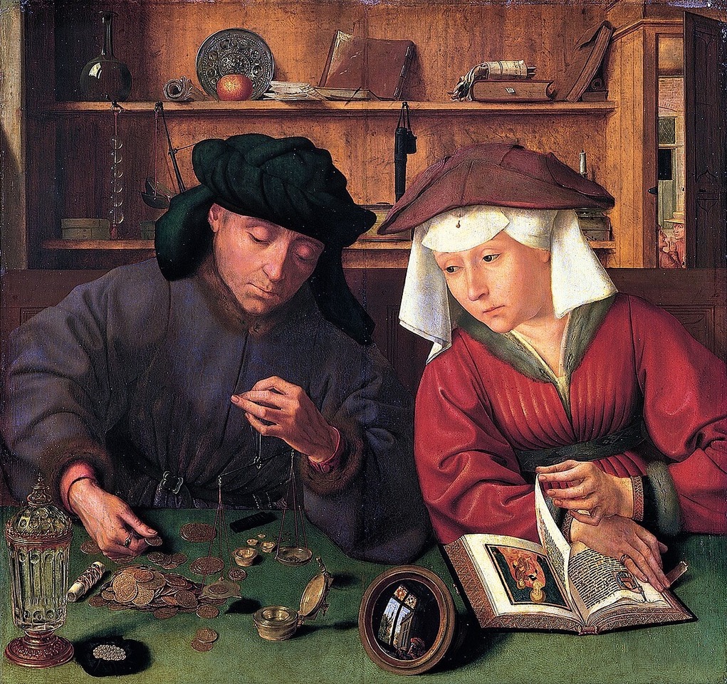Quentin Matsys, Posojevalec denarja z ženo, 1514. Sliko hrani muzej Louvre v Parizu. Large