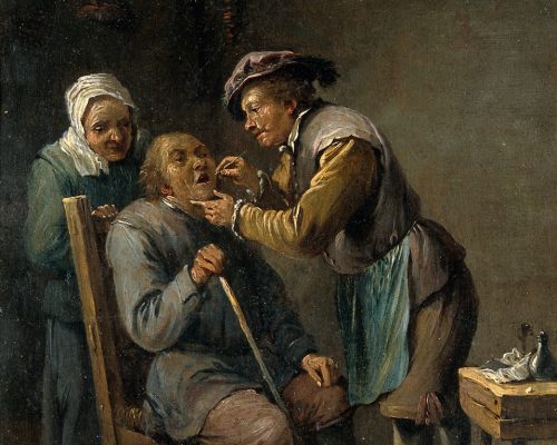 V0017187 A dental surgeon treating a seated man. Oil painting in the